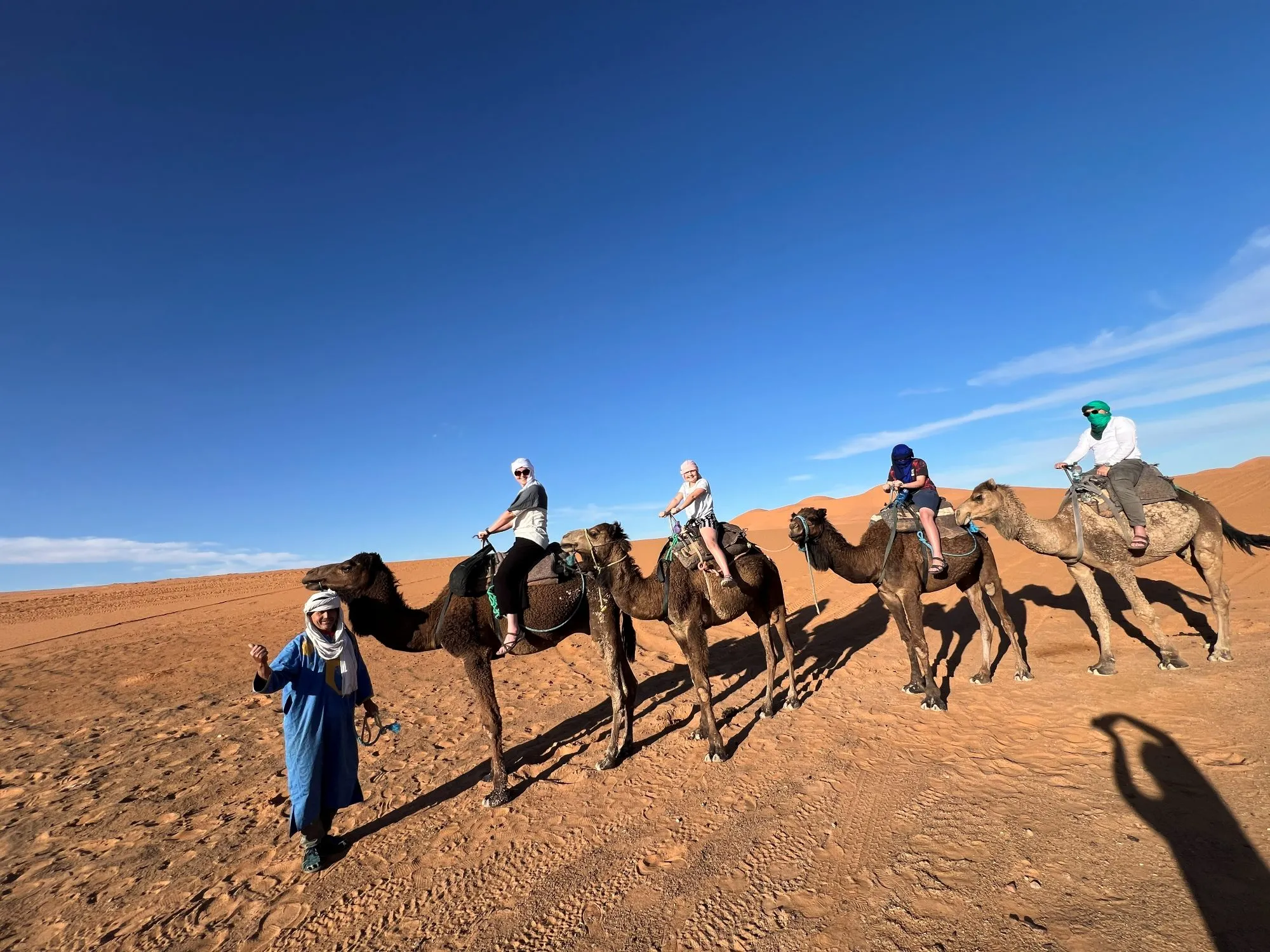 A Berber guide leading a camel caravan across the Merzouga sand dunes